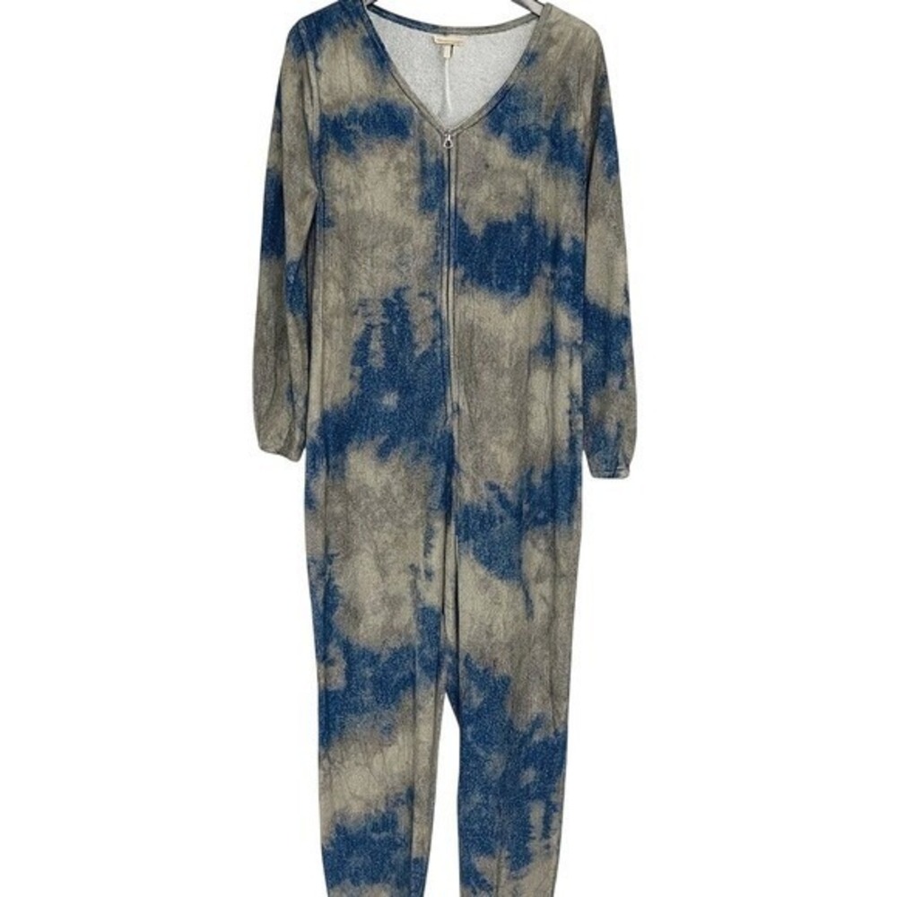 Natural Life Fleece Jumpsuit Blue Grey Womens M Tie Dye Zip Front Loungewear - Picture 2 of 8